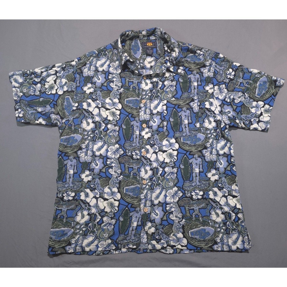 Route 66 Mens Large Blue Tropical Hawaiian Hibiscus Surfer Rayon Button Down